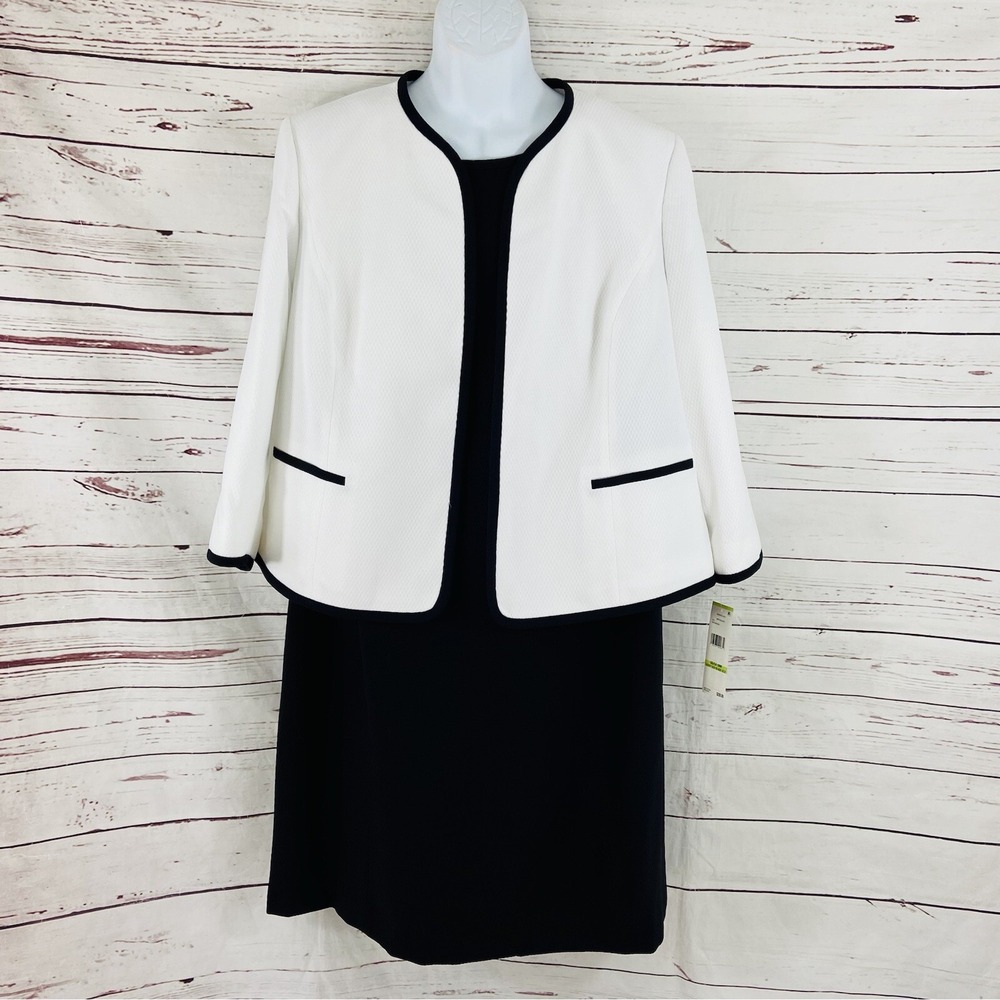Le Suit 2PC Dress Suit Women's Sz 18W Black White Blazer Open Long Sleeves Twill